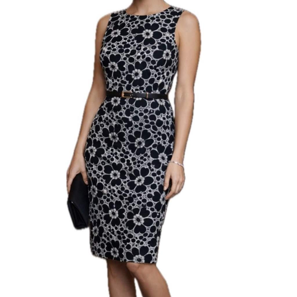 Lafayette 148 New York Navy Dress With White Lace Detail. Original $548